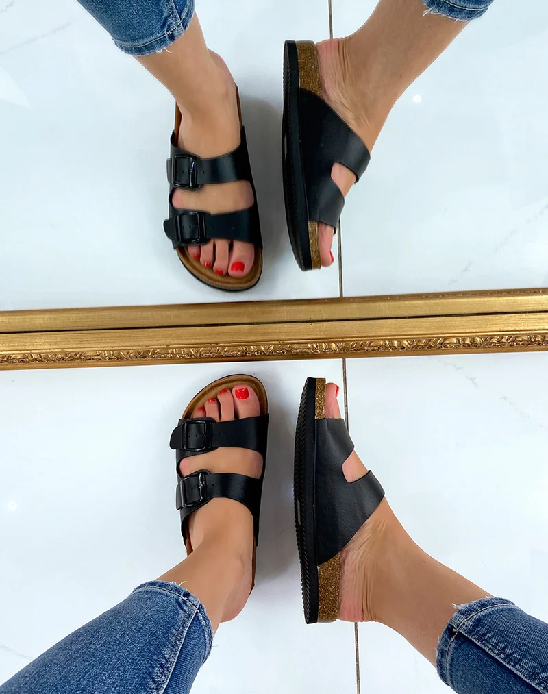 Sandales plates noires à doubles brides