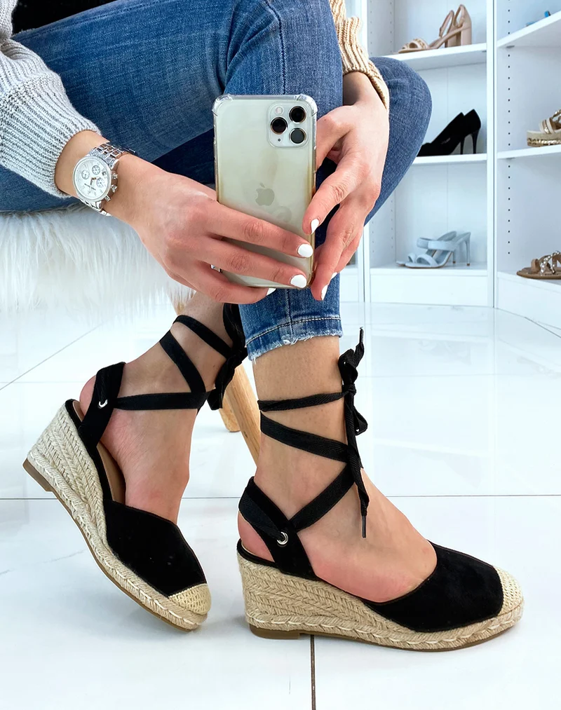 Espadrilles en suédine noire à talon compensé