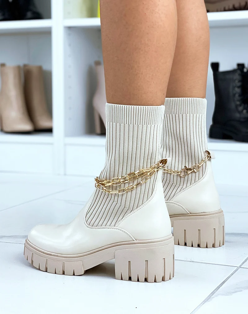 Bottines beiges montantes effet chaussette à fines chaines dorées