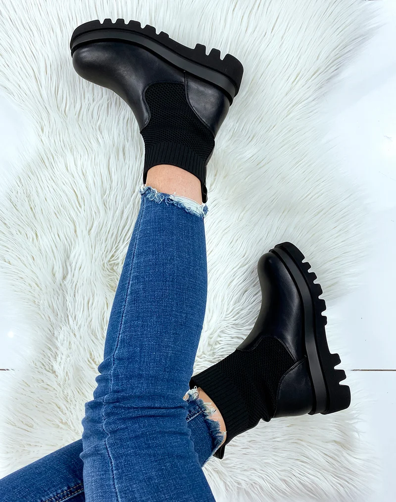 Bottines noires bi-matières chaussette