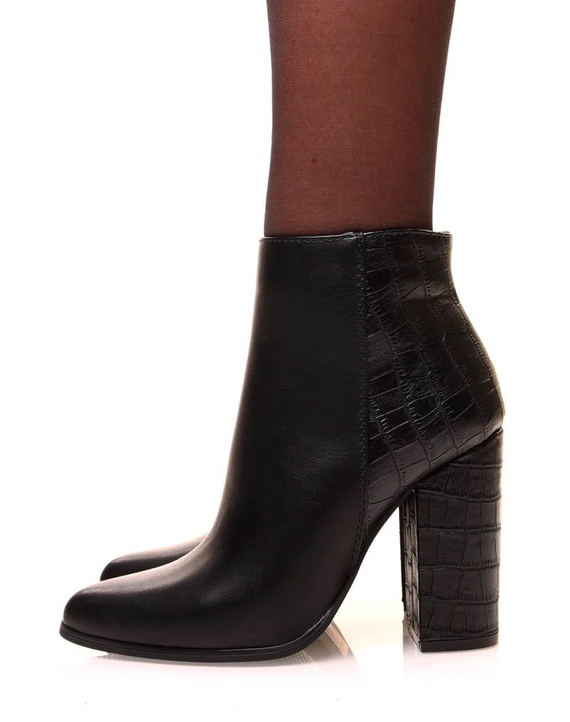 Bottines à talons et à bout pointu bi-matières effet croco