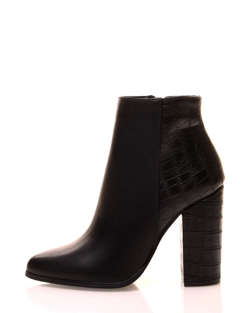 Bottines à talons et à bout pointu bi-matières effet croco
