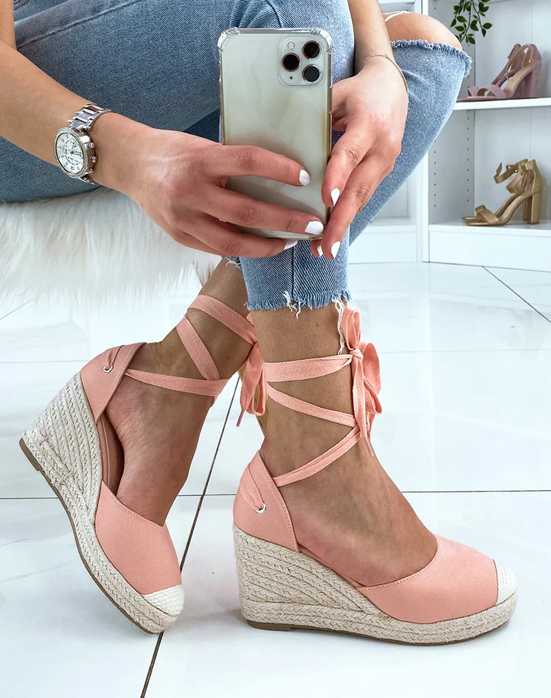 Espadrille à talon compensé rose