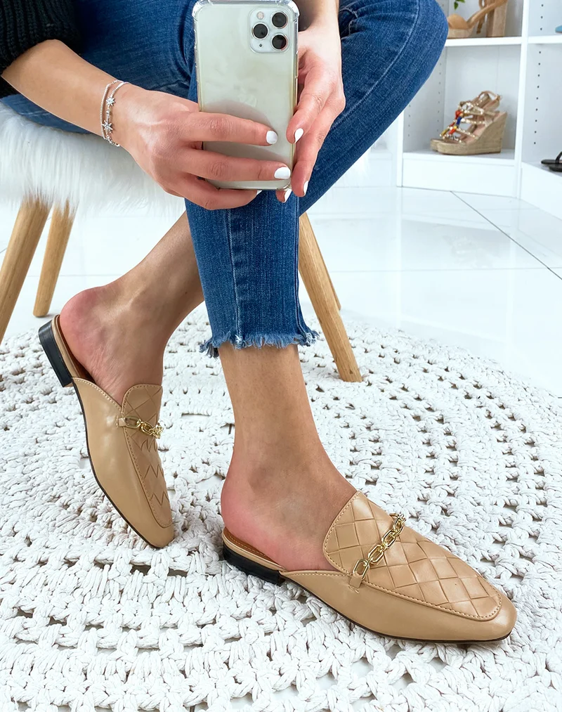 Mule style mocassin camel en simili cuir