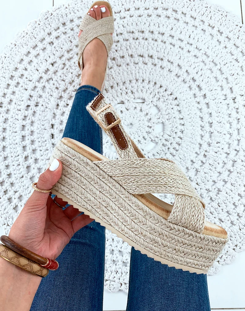 Espadrilles compensées en raphia beige