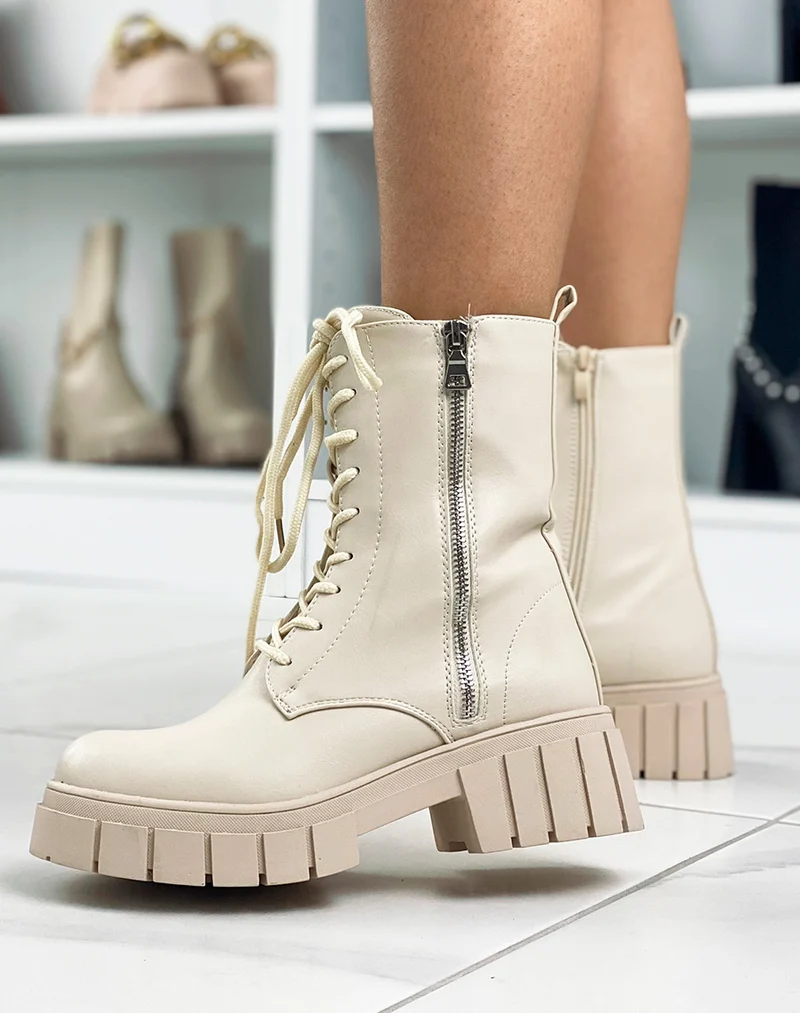 Bottines montantes beiges zipées talonnées