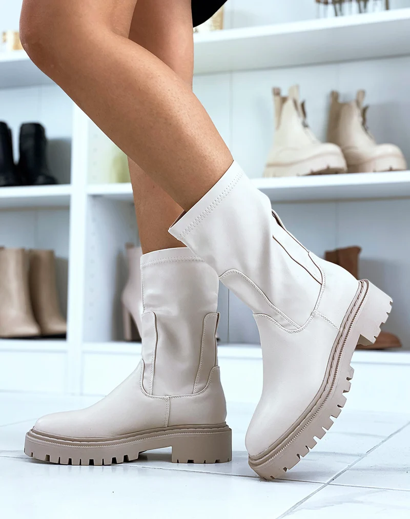 Bottines montantes beiges style chaussettes souples