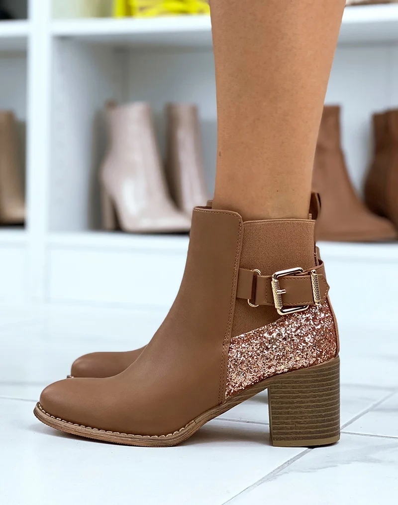 Bottines à talons marrons à détail pailleté