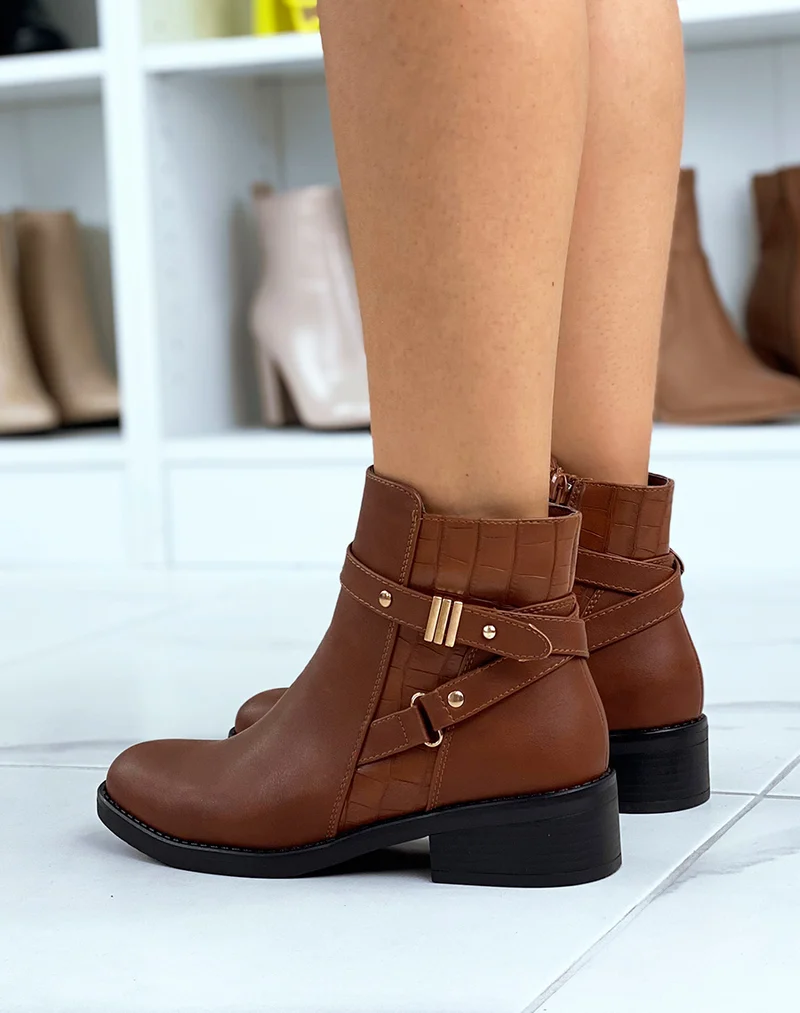 Bottines camel à brides entrecroisées et effet croco