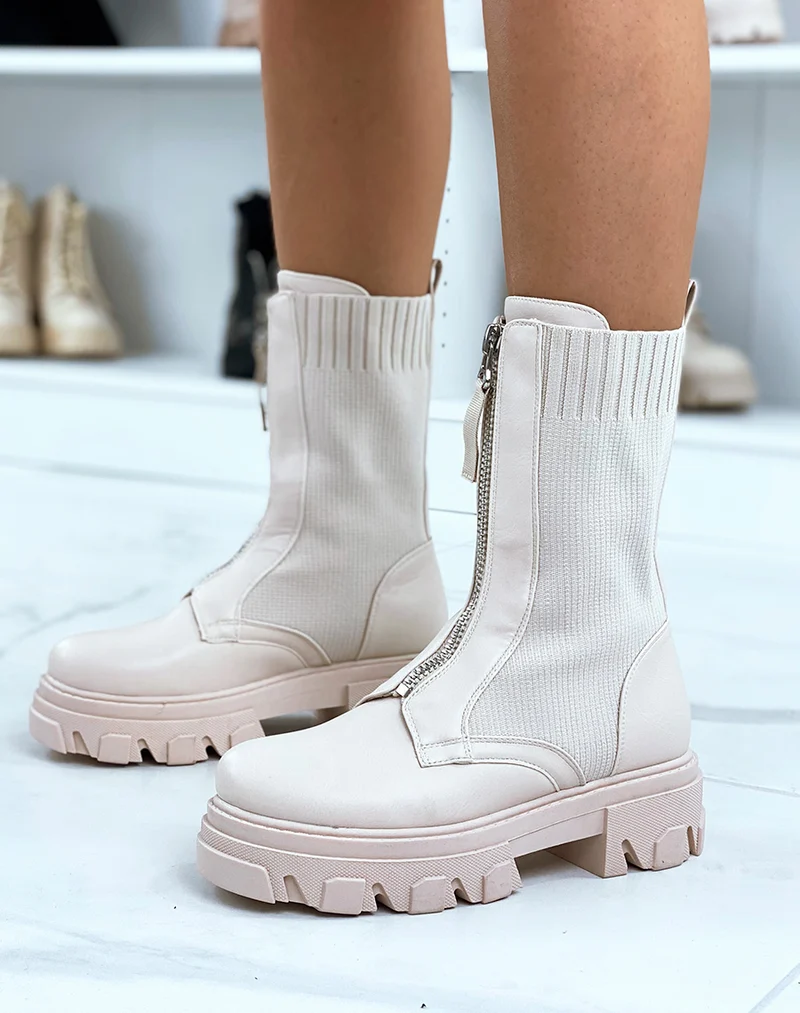 Bottines beiges bi-matière effet chaussette zipées