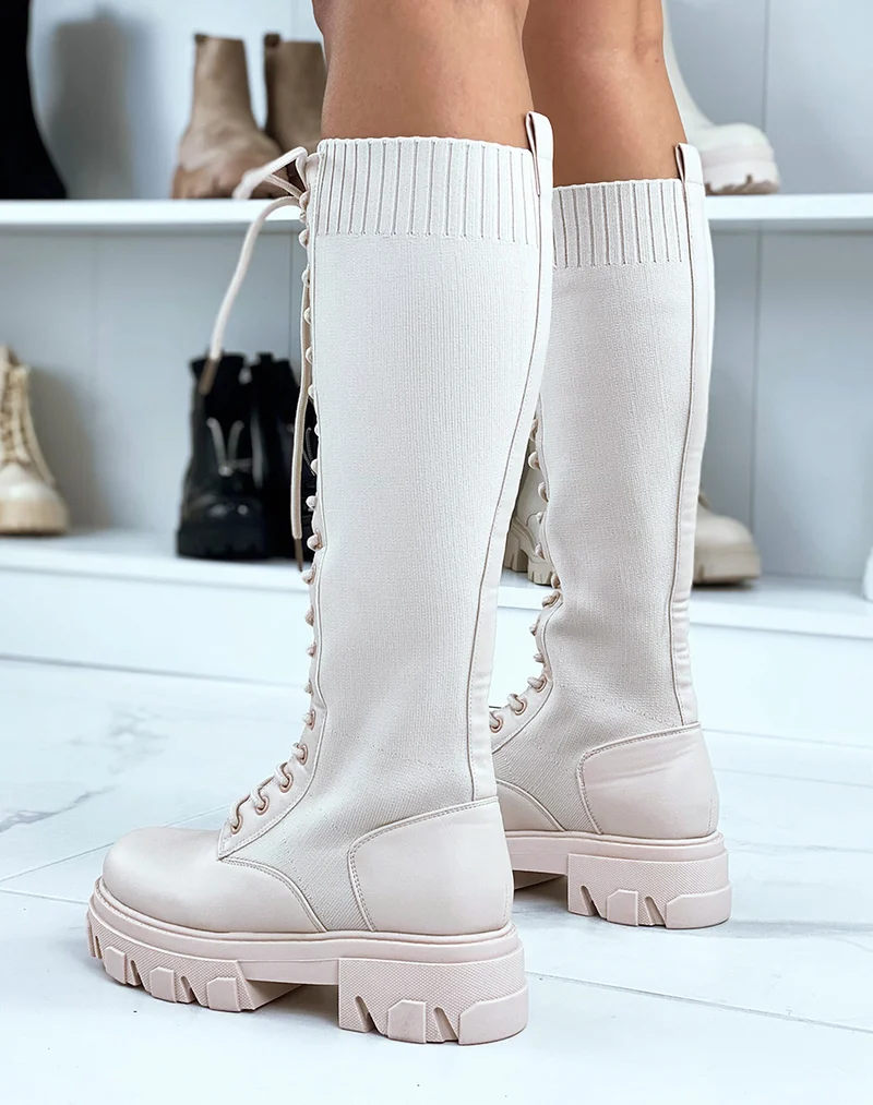 Bottes beiges bi-matières lacées à semelle crantée