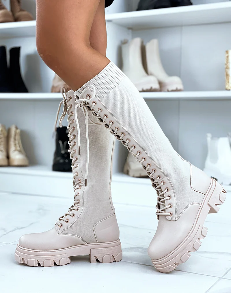 Bottes beiges bi-matières lacées à semelle crantée