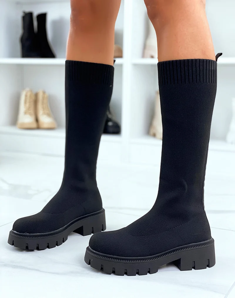 Bottes noires effet chaussette à semelle crantée et talonnée