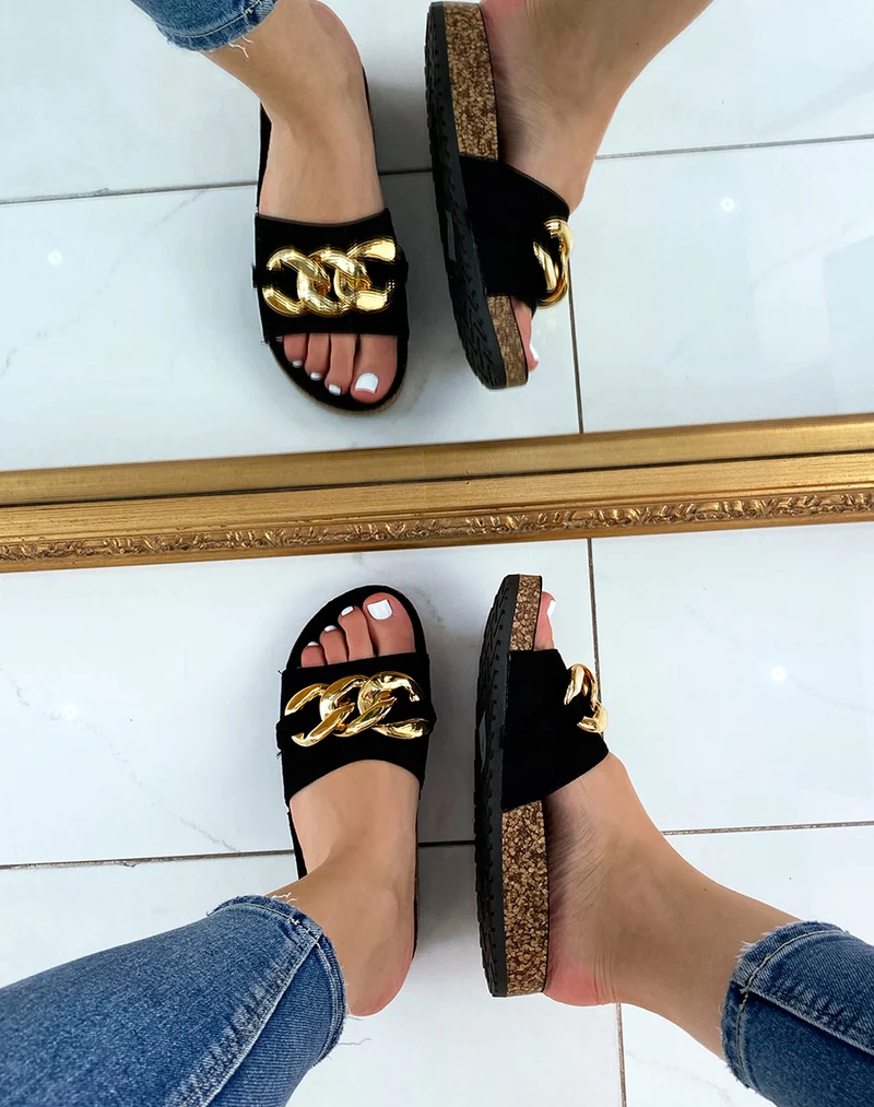 Mules en suédine noire à grosse chaîne dorée