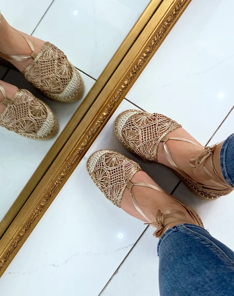 Espadrilles rose gold à talon en jute