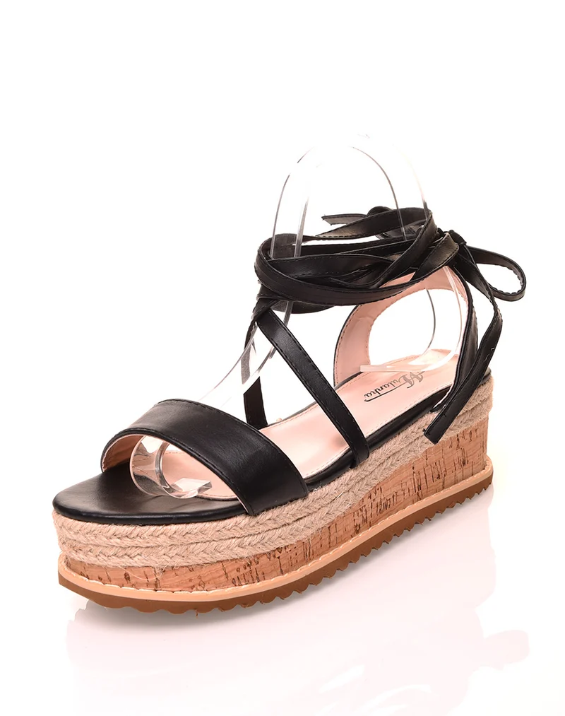 Sandales compensées noires à lacets