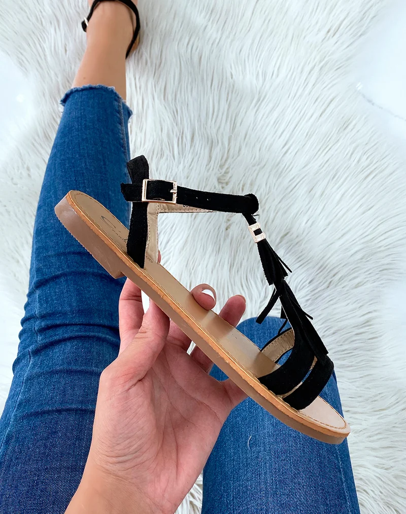 Nu-pieds en suédine noires à frange et détail doré