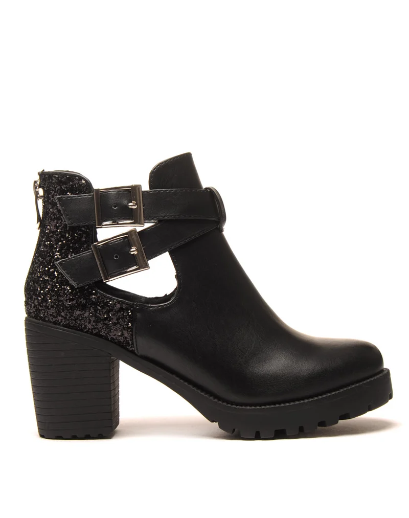 Bottines à talons noires ajourées et pailletées