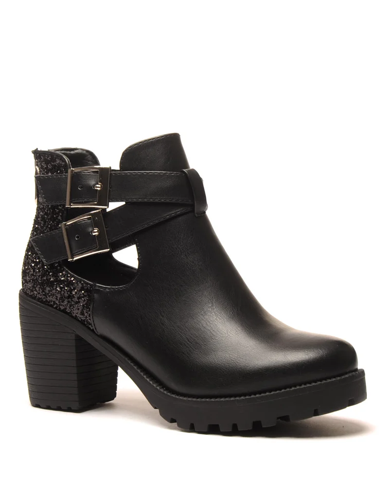 Bottines à talons noires ajourées et pailletées
