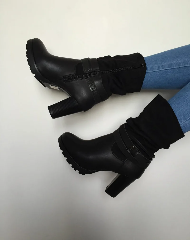 Bottines noires à talons bi-matière double bride