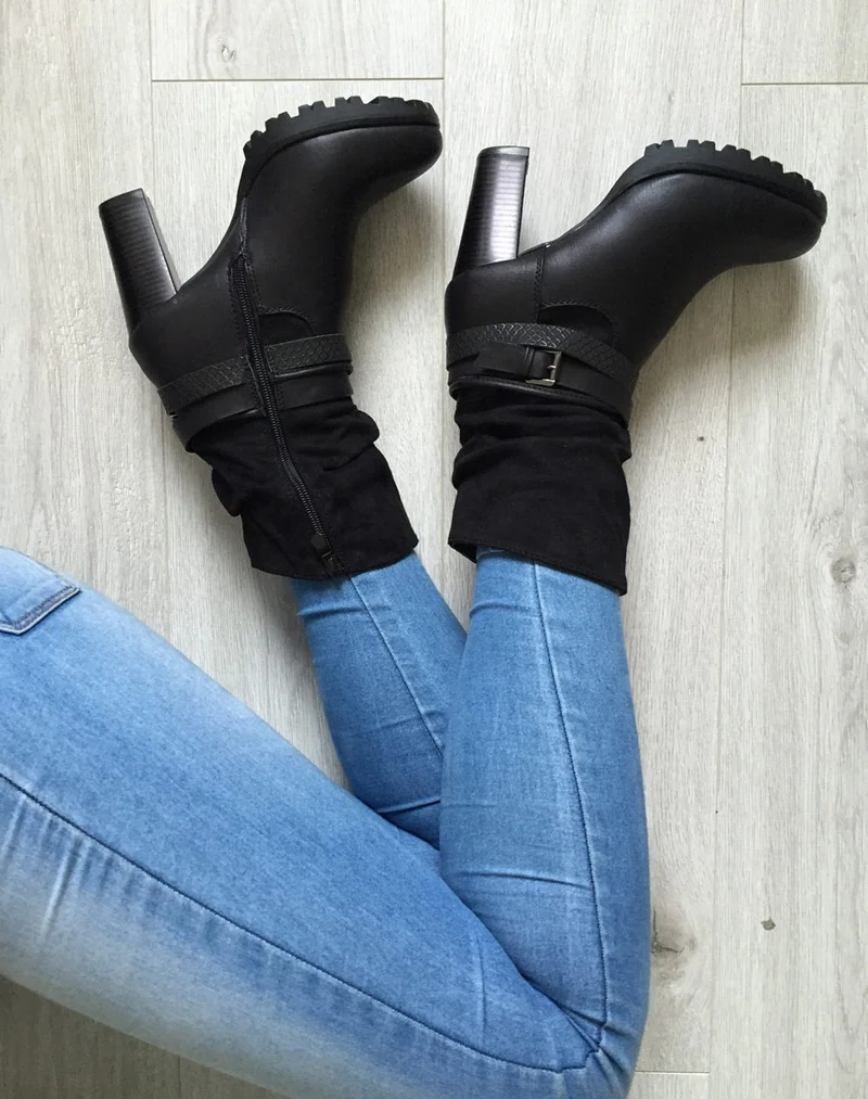 Bottines noires à talons bi-matière double bride