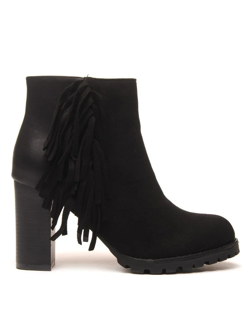 Bottines noires à talons bi-matière avec franges latérales