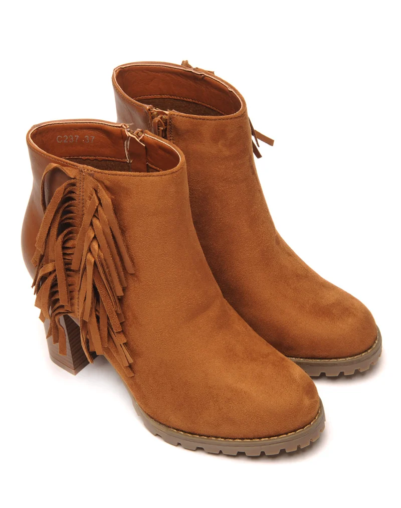 Bottines camel à talons bi-matière avec franges latérales