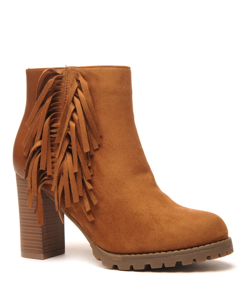 Bottines camel à talons bi-matière avec franges latérales