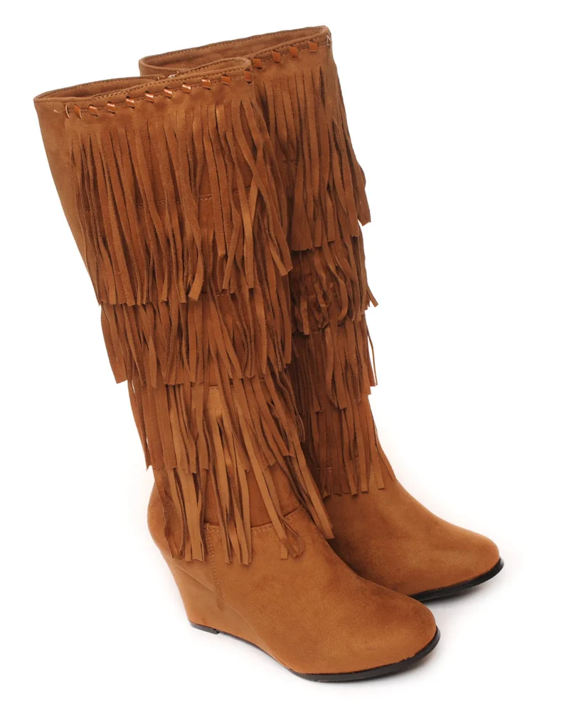 Bottes camel ethniques compensées à franges