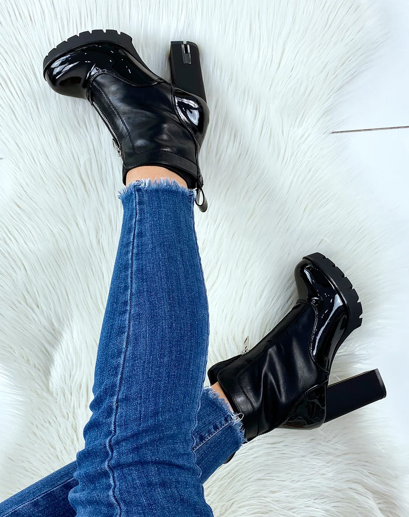 Bottines à talons noires bi-matières