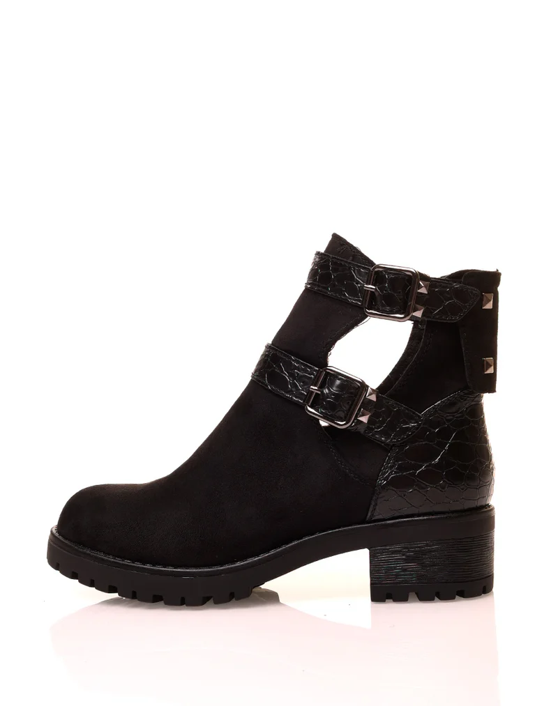 Bottines noires en suédine crantées à boucles