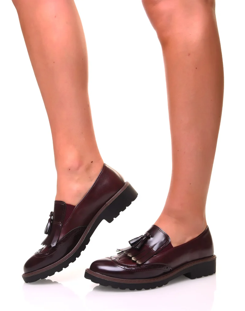 Mocassins bordeaux bi-matières à franges avec un pompom