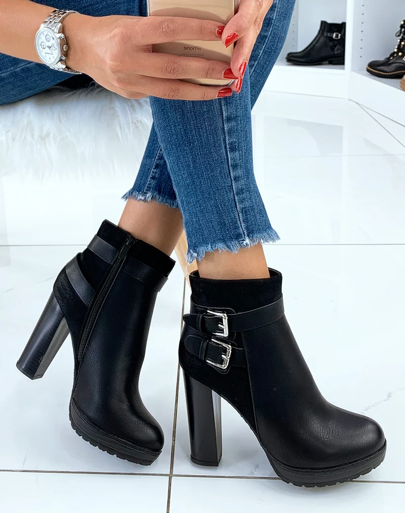 Bottines noires à talons bi-matières