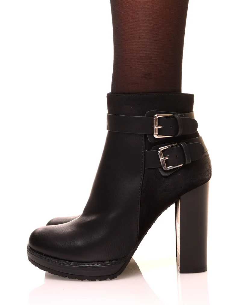 Bottines noires à talons bi-matières