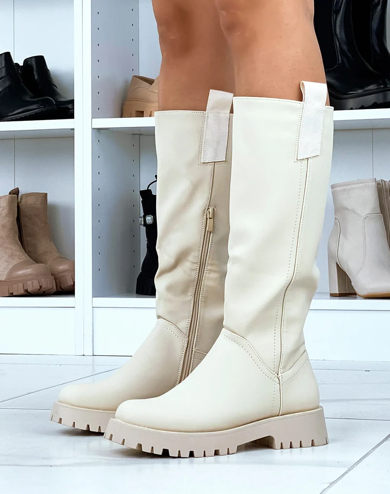 Bottes hautes beige gommé avec empiècement en tissu