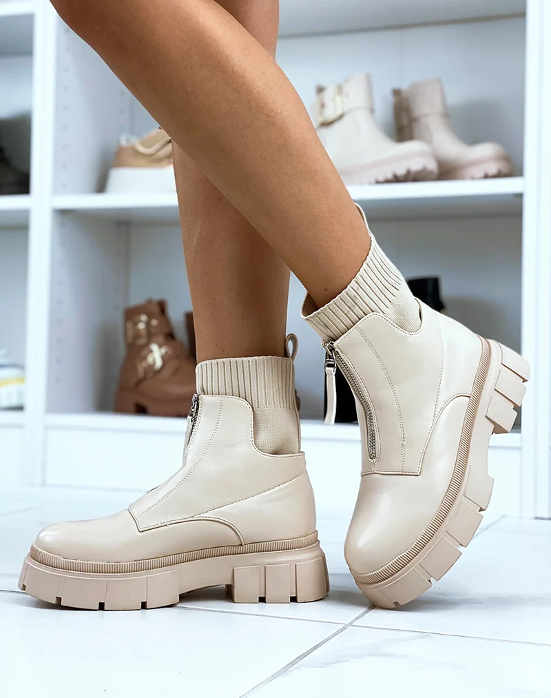 Bottines beiges effet chaussette à zip avant et semelle épaisse