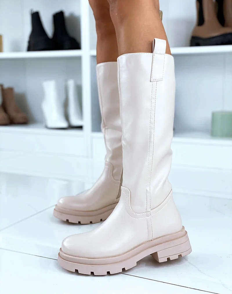 Bottes hautes beige à semelle crantée