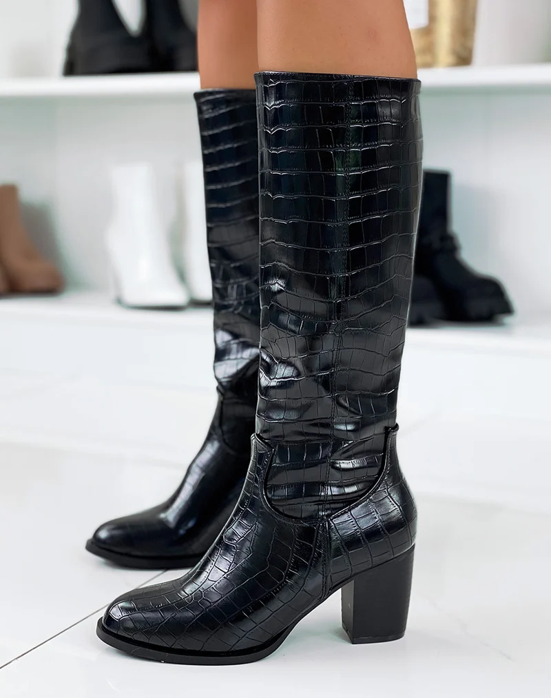 Bottes hautes en effet croco noir à talon