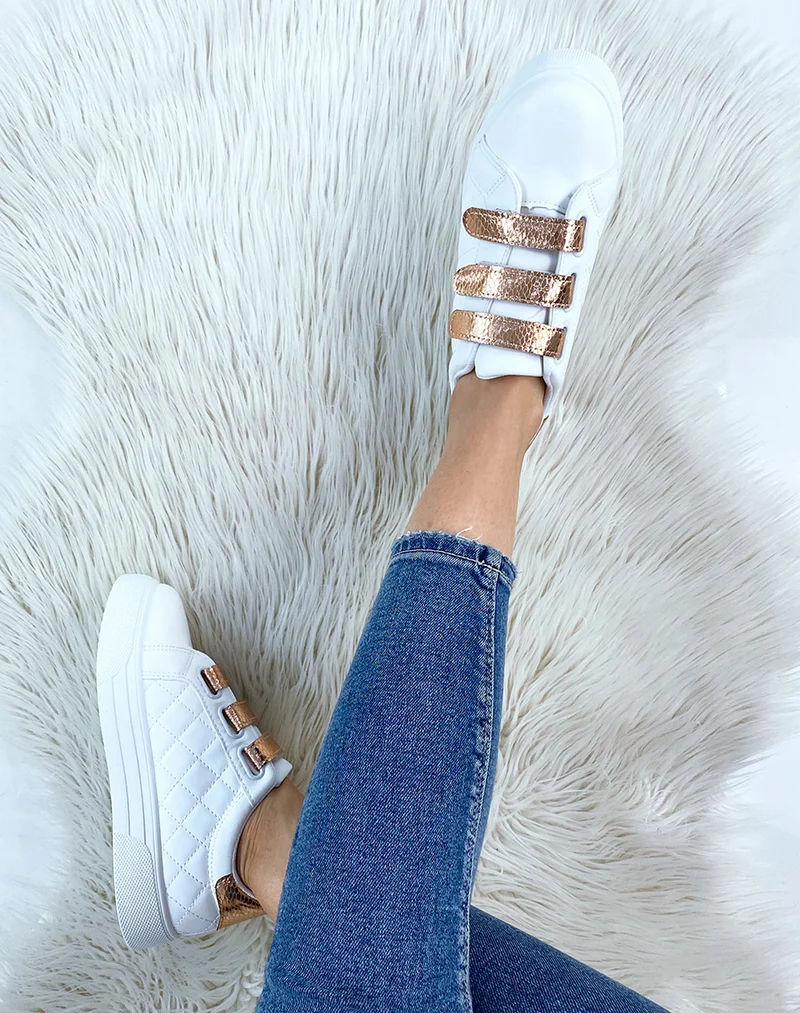 Baskets blanches à scratchs rosegold effet snake
