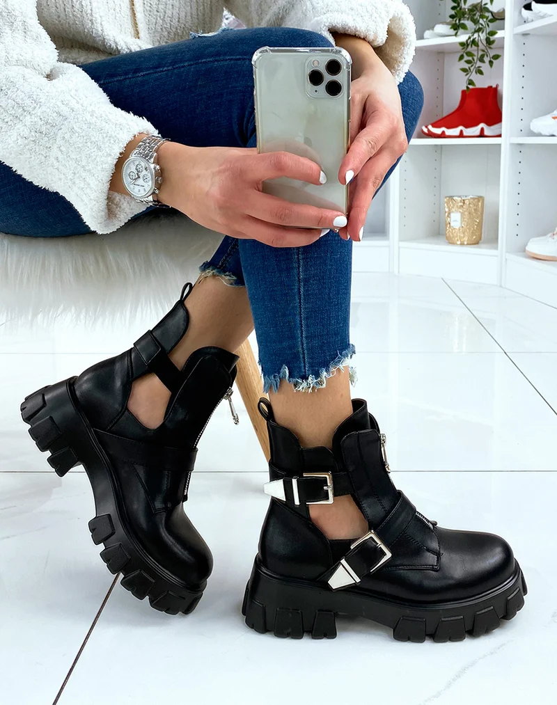 Bottines noires ouvertes à double lanières et zip