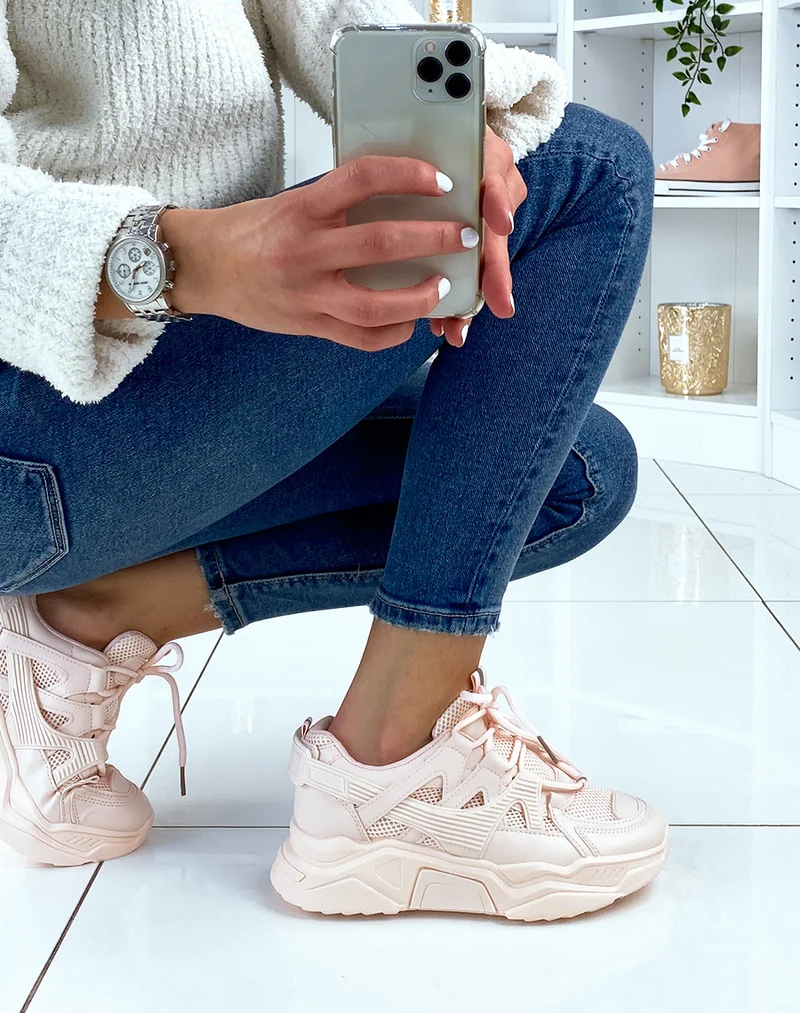Baskets rose poudré bi-matière à plateforme XXL