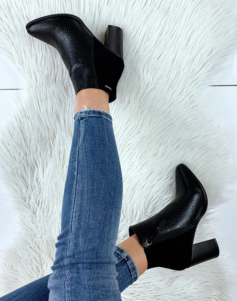 Bottines à talon noires bi-matières
