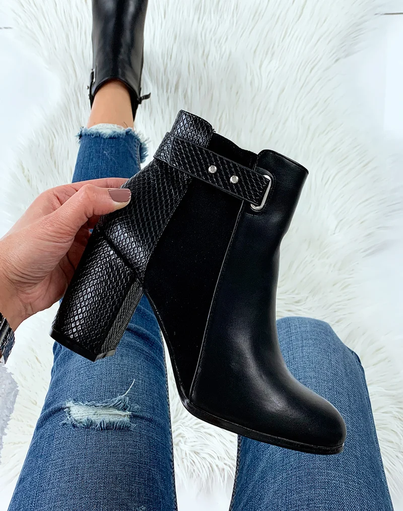Bottines noires à talon bi-matières