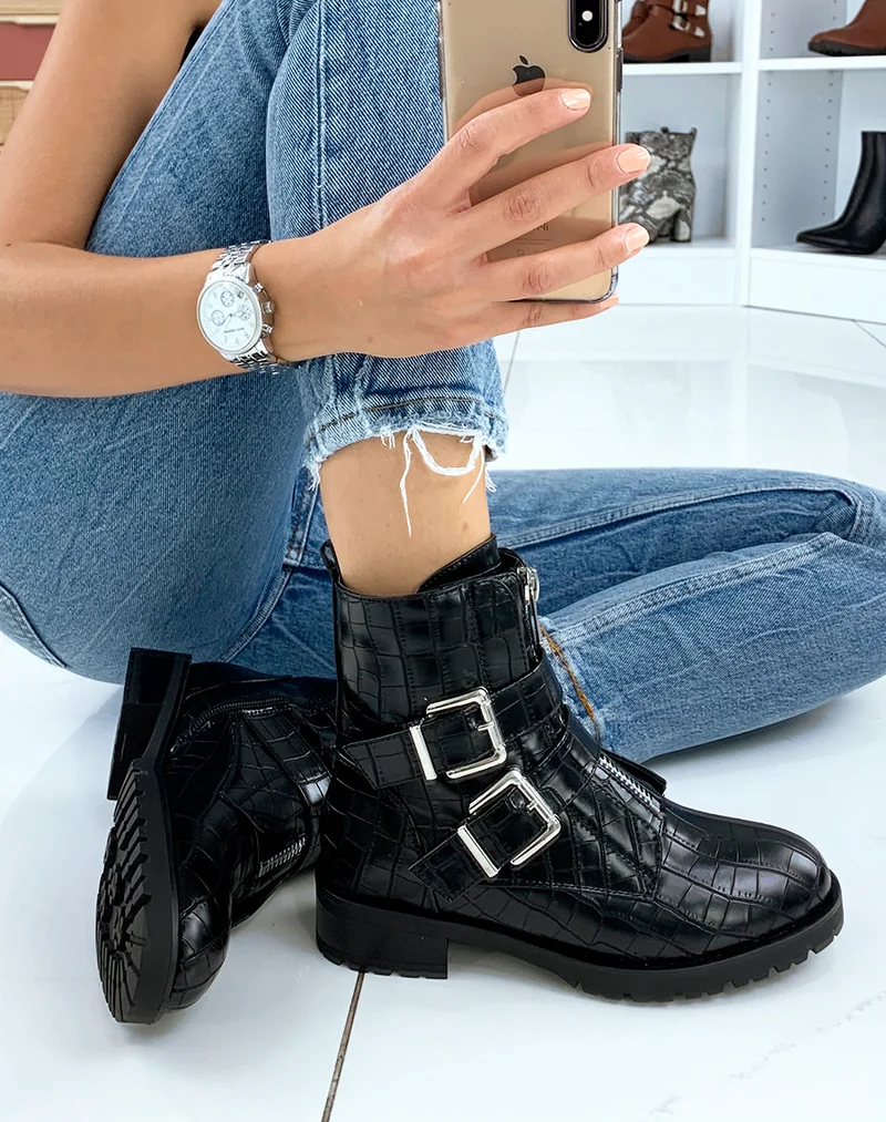 Bottines montantes noires effet croco