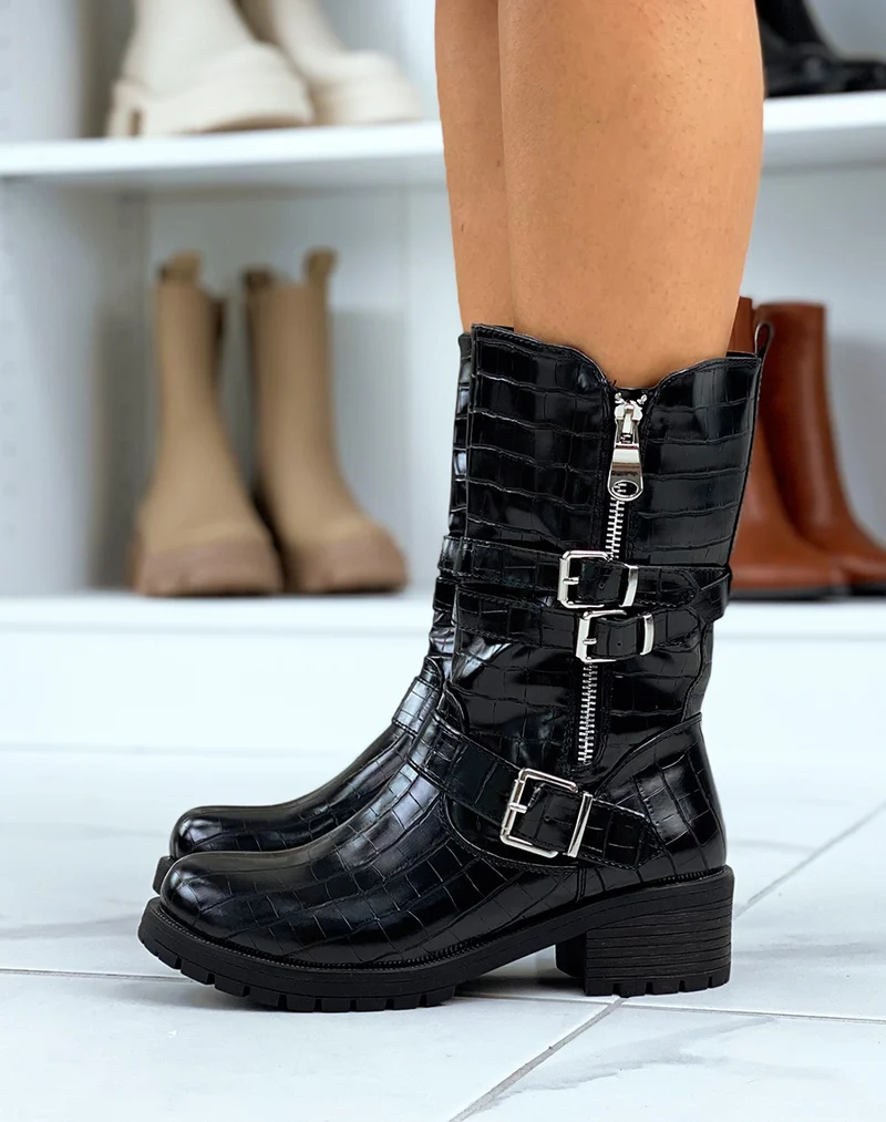 Bottines vernies noires haute effet croco à sangles