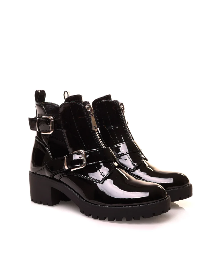 Bottines noires vernis et ouvertes à double lanières