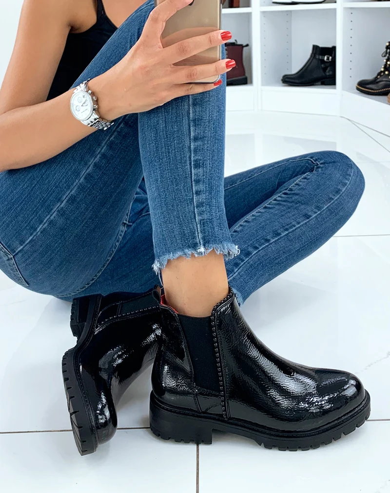 Bottines noires vernis avec élastique