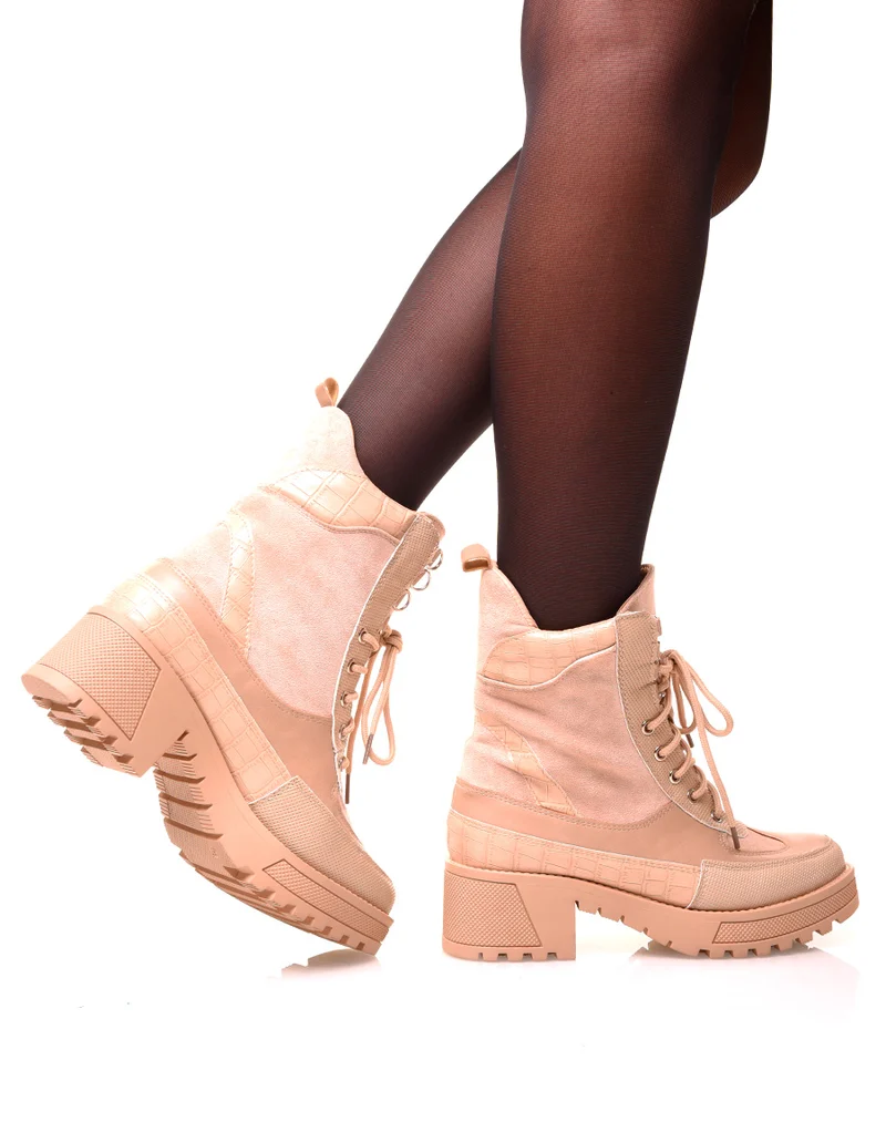 Bottines montantes beige bi-matières
