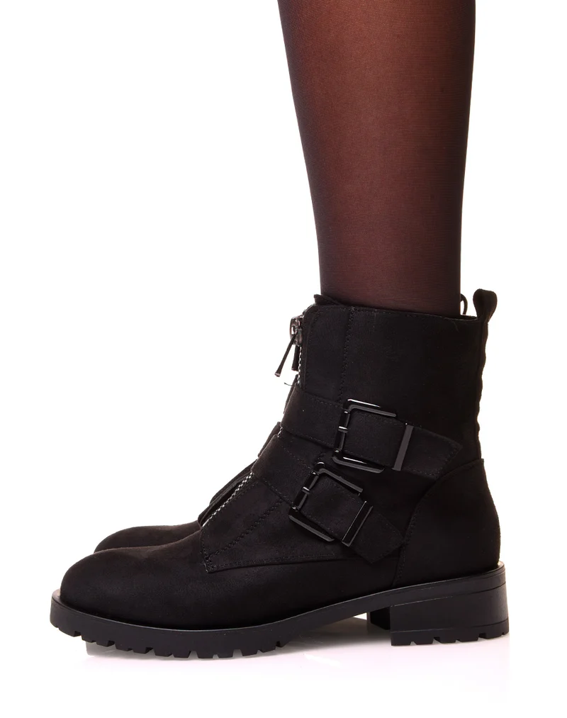 Boots noirs effet suédine à sangles