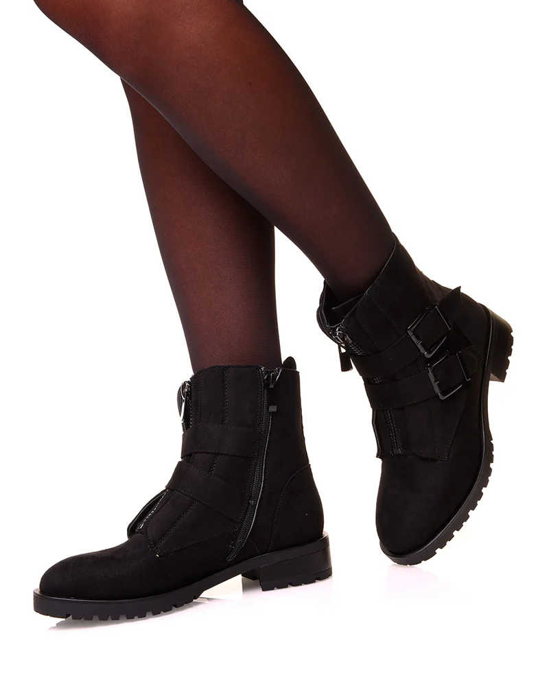 Boots noirs effet suédine à sangles
